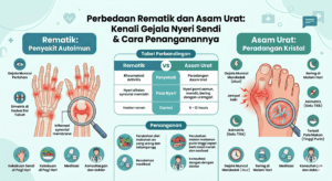 Infografis perbandingan antara rematik dan asam urat, menampilkan ilustrasi peradangan pada sendi jari tangan untuk rematik dan jempol kaki untuk asam urat, lengkap dengan tabel gejala dan penanganannya.