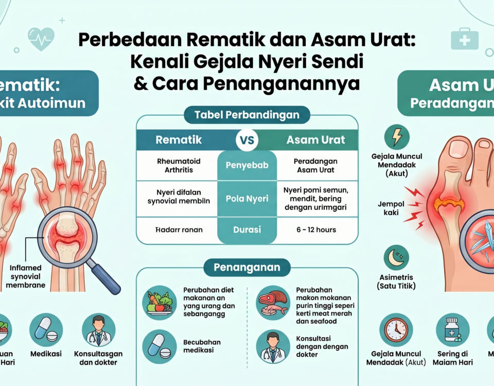 Infografis perbandingan antara rematik dan asam urat, menampilkan ilustrasi peradangan pada sendi jari tangan untuk rematik dan jempol kaki untuk asam urat, lengkap dengan tabel gejala dan penanganannya.