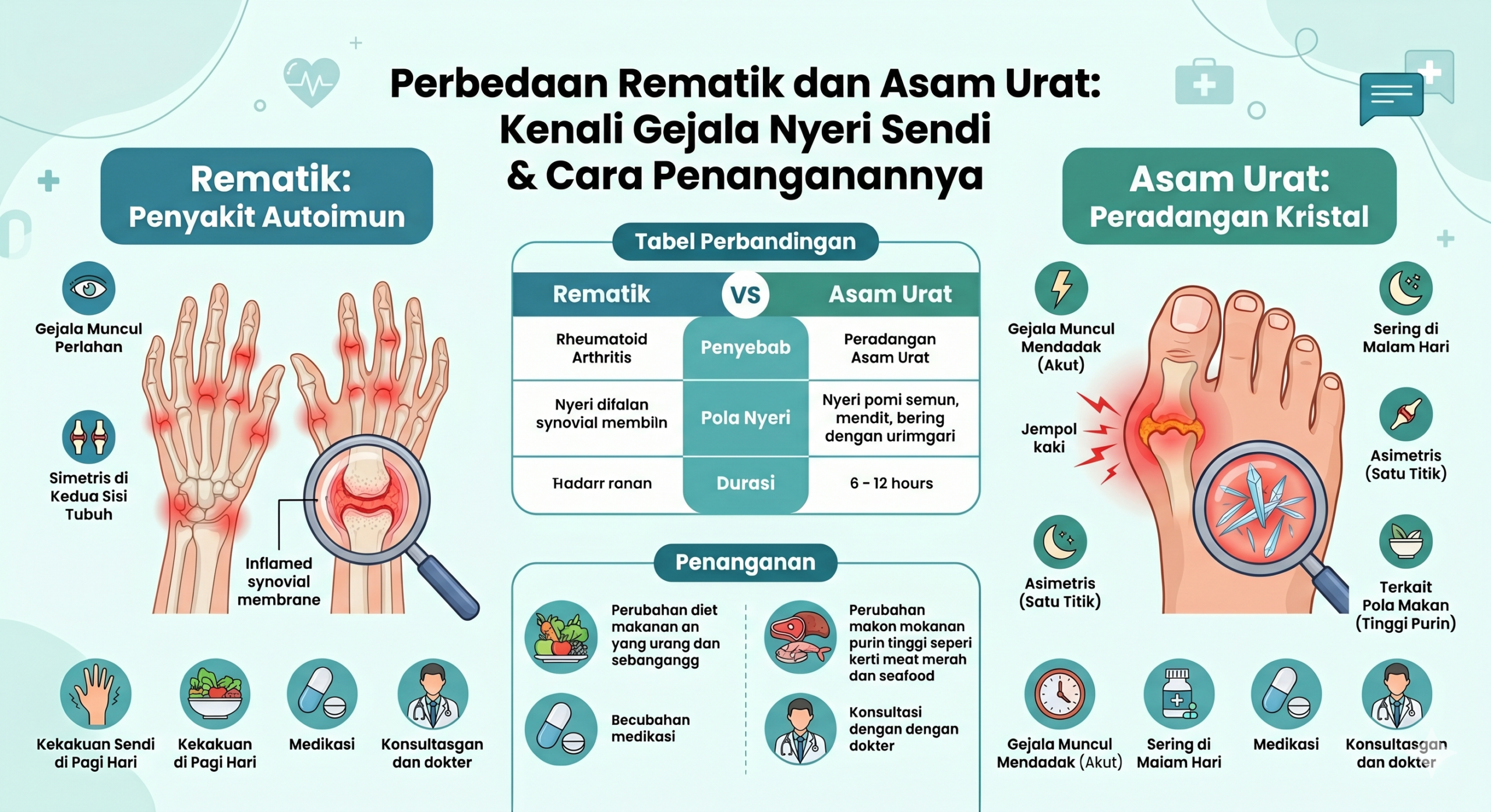 Infografis perbandingan antara rematik dan asam urat, menampilkan ilustrasi peradangan pada sendi jari tangan untuk rematik dan jempol kaki untuk asam urat, lengkap dengan tabel gejala dan penanganannya.