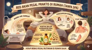 Infografis cara meredakan pegal praktis di rumah tanpa spa, menampilkan langkah mandi air hangat, peregangan ringan, pijat mandiri, dan sorotan pada Minyak Balur HerbaKencana sebagai kunci utama.