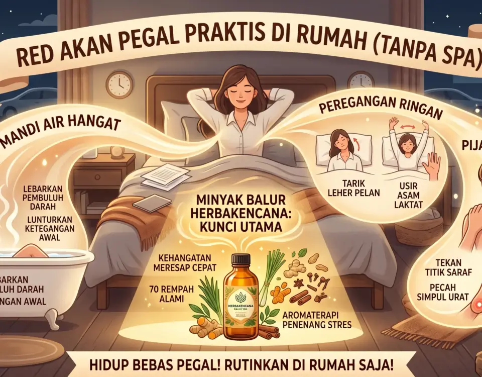 Infografis cara meredakan pegal praktis di rumah tanpa spa, menampilkan langkah mandi air hangat, peregangan ringan, pijat mandiri, dan sorotan pada Minyak Balur HerbaKencana sebagai kunci utama.