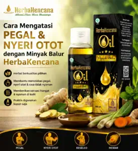 Gambar Minyak Balur HerbaKencana 100 ml dengan kotak kemasan, botol minyak herbal, jahe, sereh, dan daun mint di meja kayu, menampilkan cara mengatasi pegal dan nyeri otot ringan.