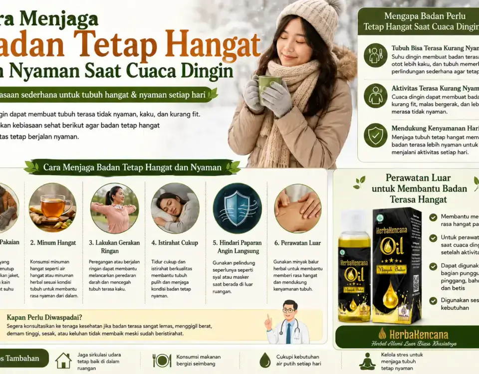 cara menjaga badan hangat saat cuaca dingin dengan pakaian hangat, minuman hangat, gerakan ringan, istirahat cukup, dan Minyak Balur HerbaKencana.