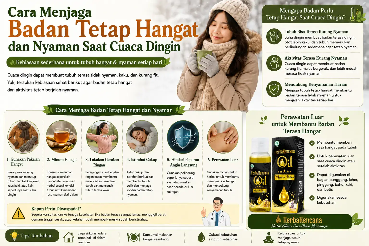 cara menjaga badan hangat saat cuaca dingin dengan pakaian hangat, minuman hangat, gerakan ringan, istirahat cukup, dan Minyak Balur HerbaKencana.