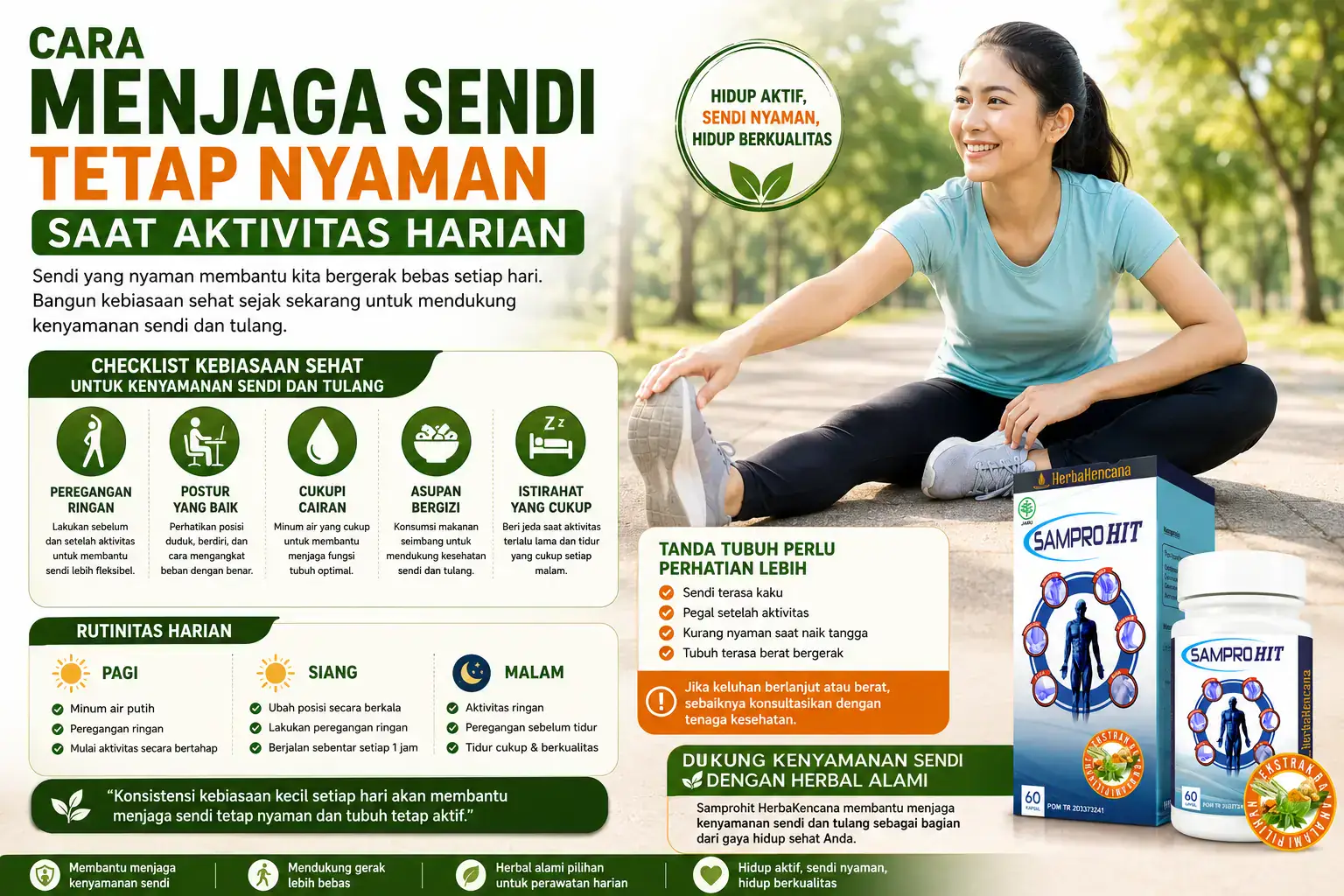 Cara menjaga sendi tetap nyaman saat aktivitas harian dengan checklist kebiasaan sehat dan dukungan Samprohit HerbaKencana