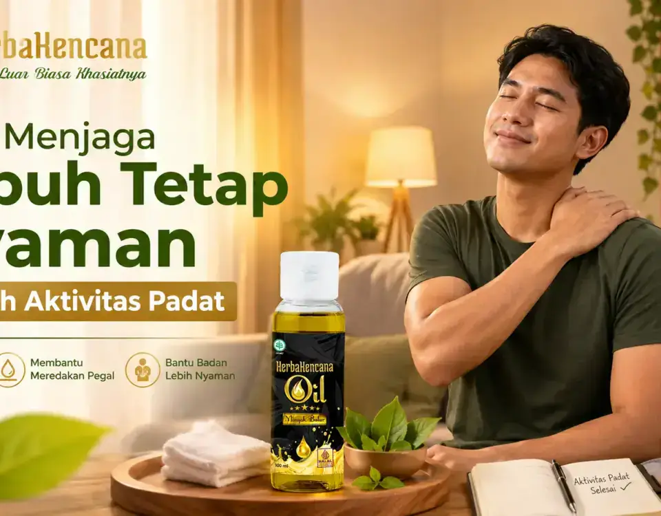 tubuh nyaman setelah aktivitas padat dengan pria memegang bahu dan Minyak Balur HerbaKencana sebagai perawatan luar.