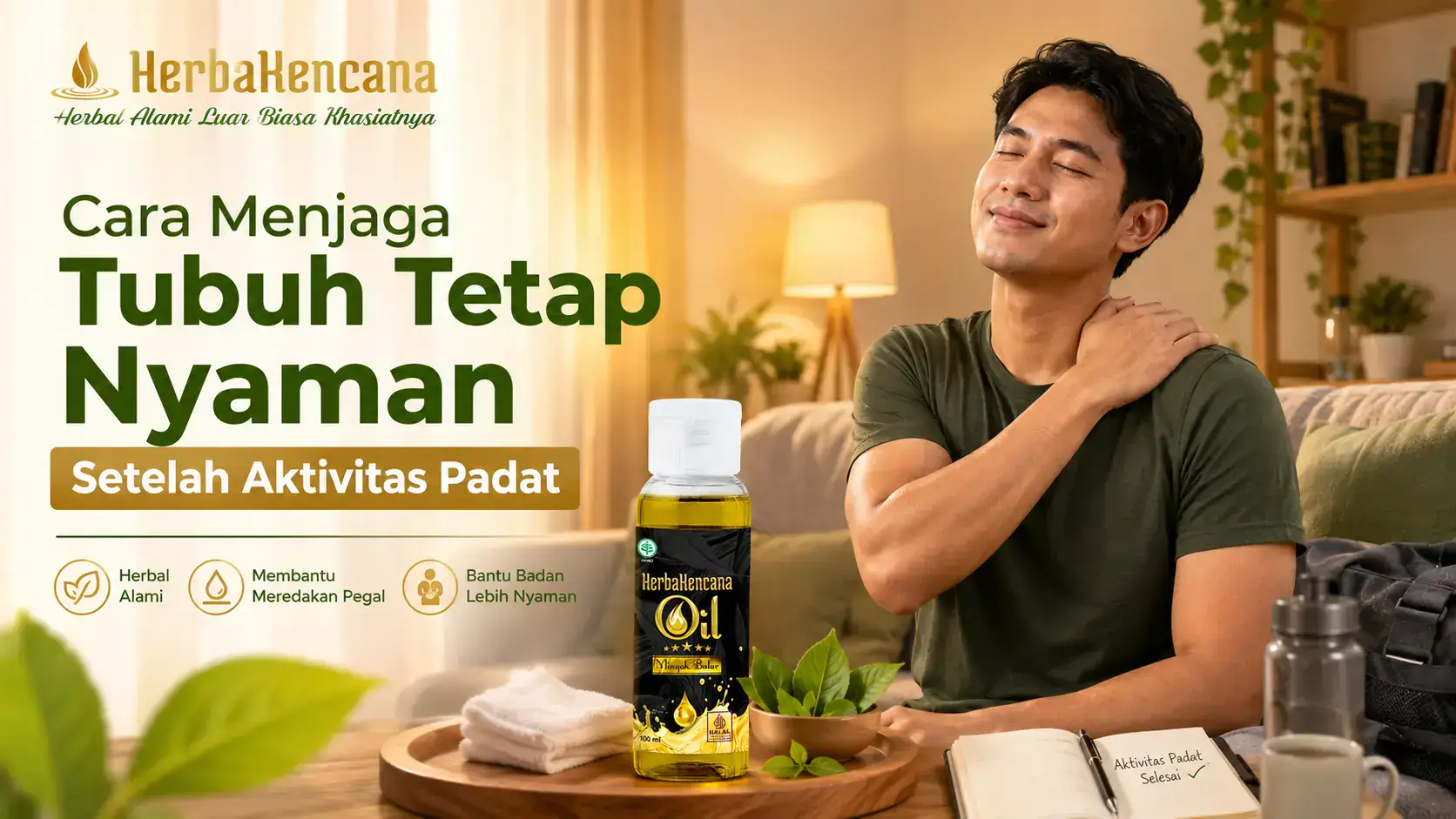 tubuh nyaman setelah aktivitas padat dengan pria memegang bahu dan Minyak Balur HerbaKencana sebagai perawatan luar.