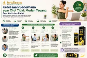 kebiasaan sederhana agar otot tidak mudah tegang saat aktivitas padat dengan peregangan ringan, postur tubuh, minum cukup, istirahat, dan Minyak Balur HerbaKencana.