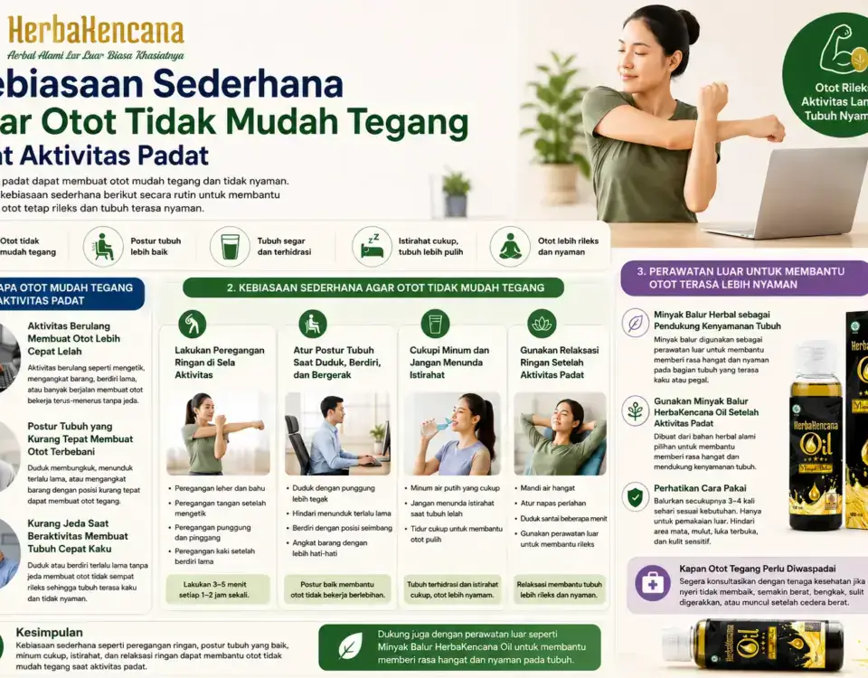kebiasaan sederhana agar otot tidak mudah tegang saat aktivitas padat dengan peregangan ringan, postur tubuh, minum cukup, istirahat, dan Minyak Balur HerbaKencana.
