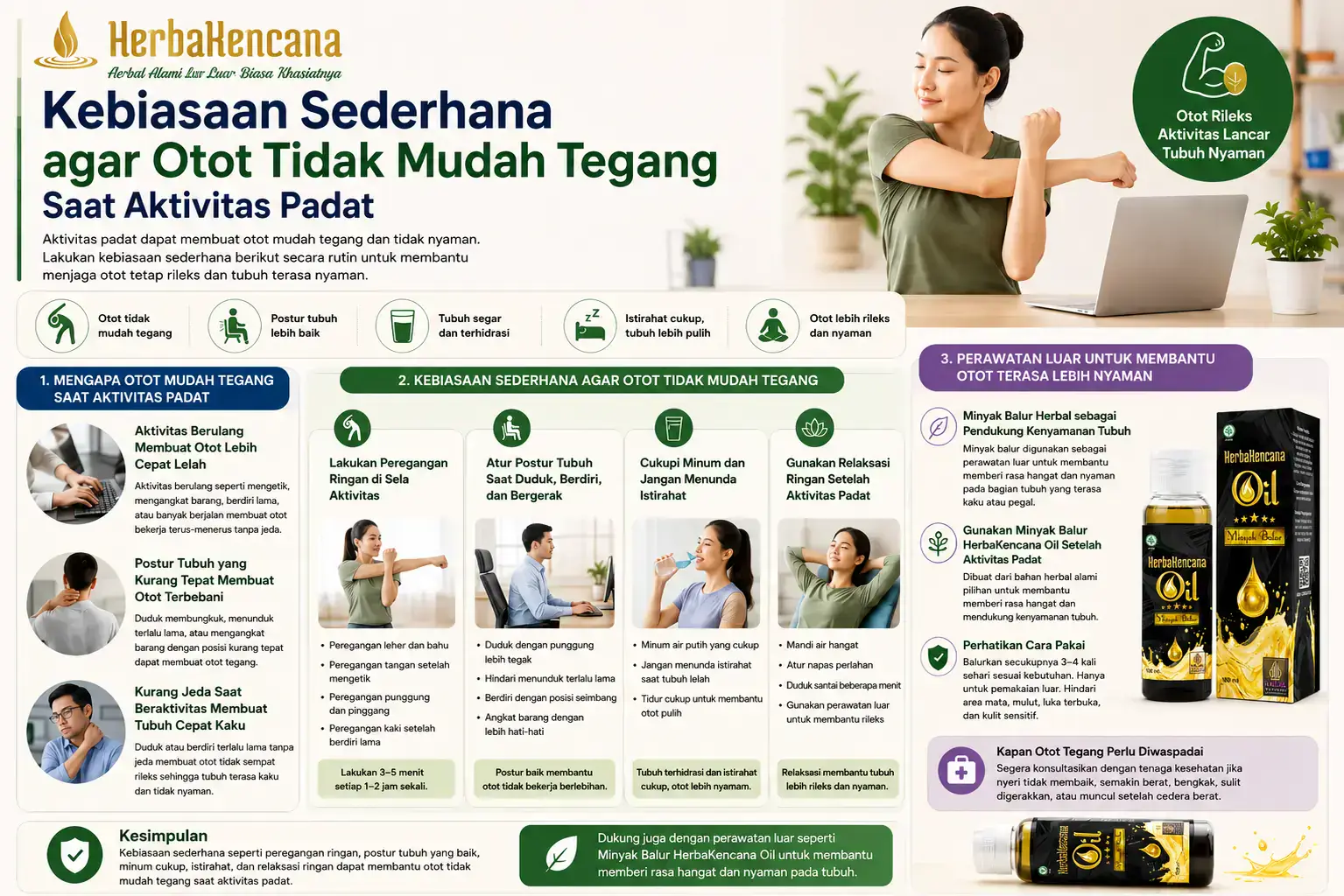 kebiasaan sederhana agar otot tidak mudah tegang saat aktivitas padat dengan peregangan ringan, postur tubuh, minum cukup, istirahat, dan Minyak Balur HerbaKencana.