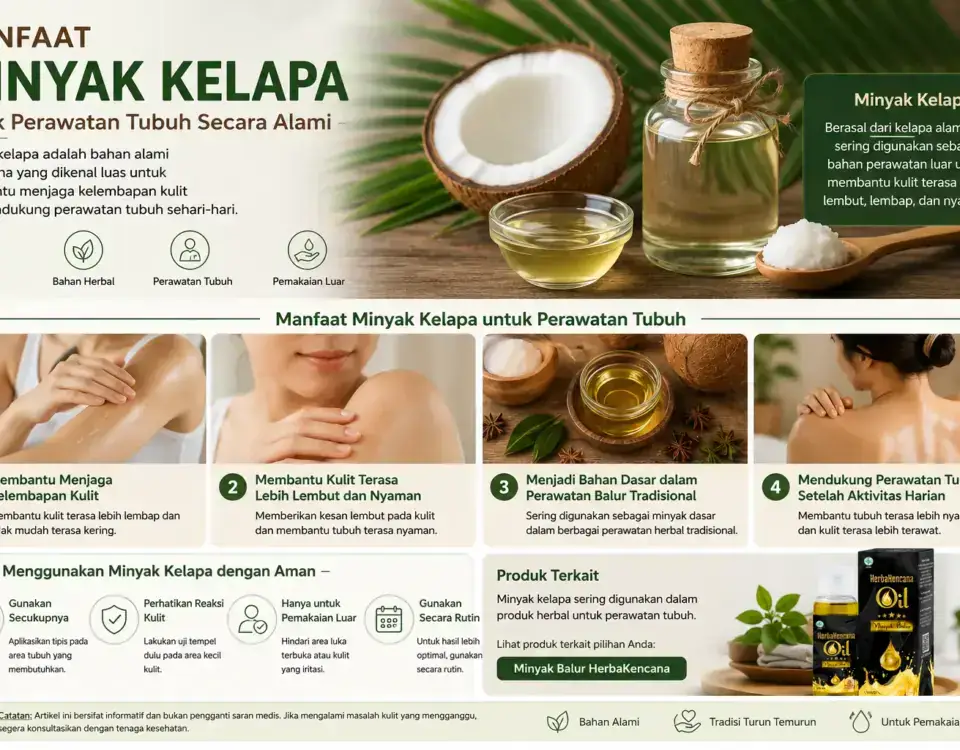manfaat minyak kelapa untuk perawatan tubuh secara alami, termasuk membantu menjaga kelembapan kulit, membuat kulit terasa lembut, dan mendukung perawatan luar.