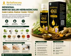 Gambar Minyak Balur HerbaKencana 100 ml dengan kotak kemasan, tangan pengguna sedang membalur minyak ke lengan, menampilkan kandungan herbal asli: virgin oil, minyak kelapa, kelapa hijau, sereh wangi, daun nilam, jeringau, temulawak, jahe, lada, kunyit, sirih merah.