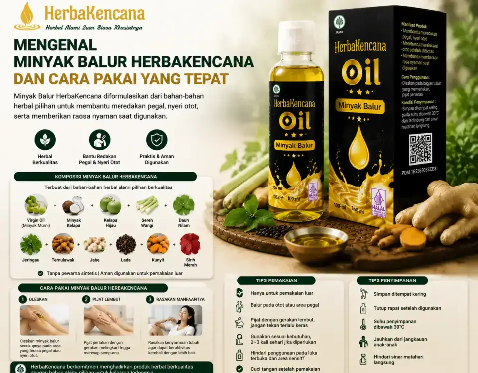 Gambar Minyak Balur HerbaKencana 100 ml dengan kotak kemasan, tangan pengguna sedang membalur minyak ke lengan, menampilkan kandungan herbal asli: virgin oil, minyak kelapa, kelapa hijau, sereh wangi, daun nilam, jeringau, temulawak, jahe, lada, kunyit, sirih merah.