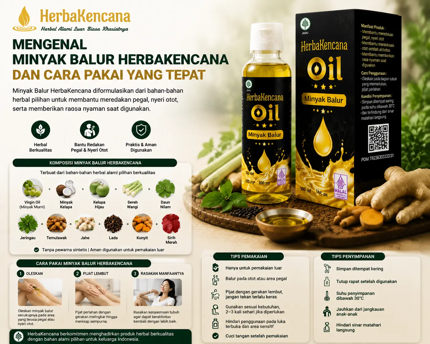 Gambar Minyak Balur HerbaKencana 100 ml dengan kotak kemasan, tangan pengguna sedang membalur minyak ke lengan, menampilkan kandungan herbal asli: virgin oil, minyak kelapa, kelapa hijau, sereh wangi, daun nilam, jeringau, temulawak, jahe, lada, kunyit, sirih merah.
