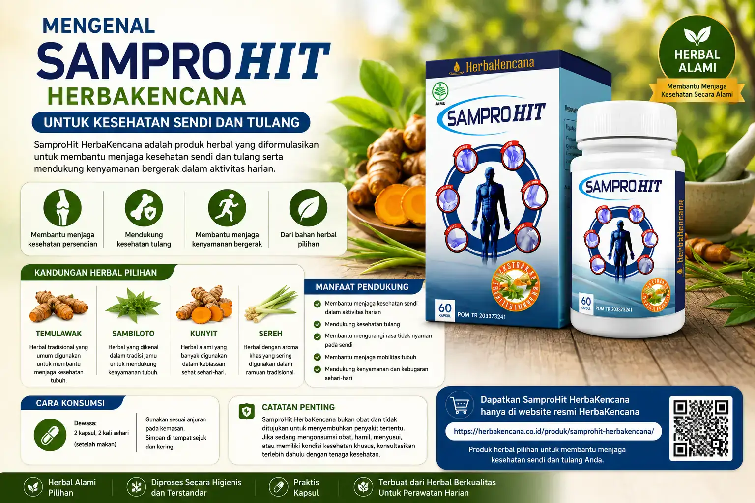 SamproHit HerbaKencana untuk kesehatan sendi dan tulang dengan kandungan temulawak, sambiloto, kunyit, dan sereh