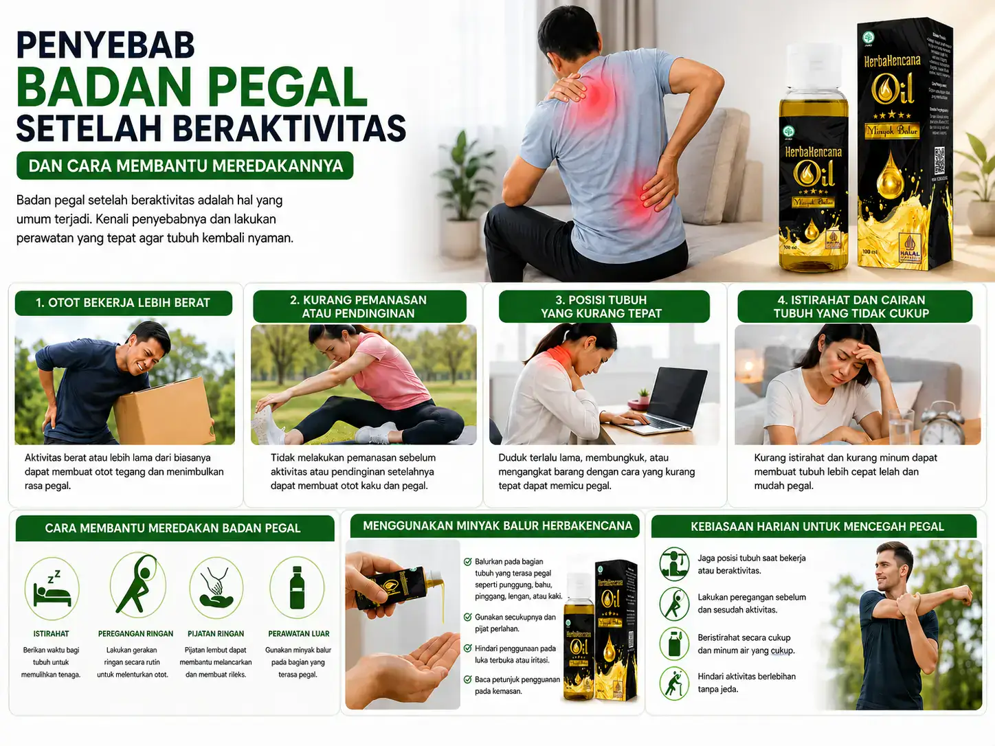 penyebab badan pegal setelah beraktivitas dan cara membantu meredakannya dengan perawatan luar menggunakan Minyak Balur HerbaKencana.