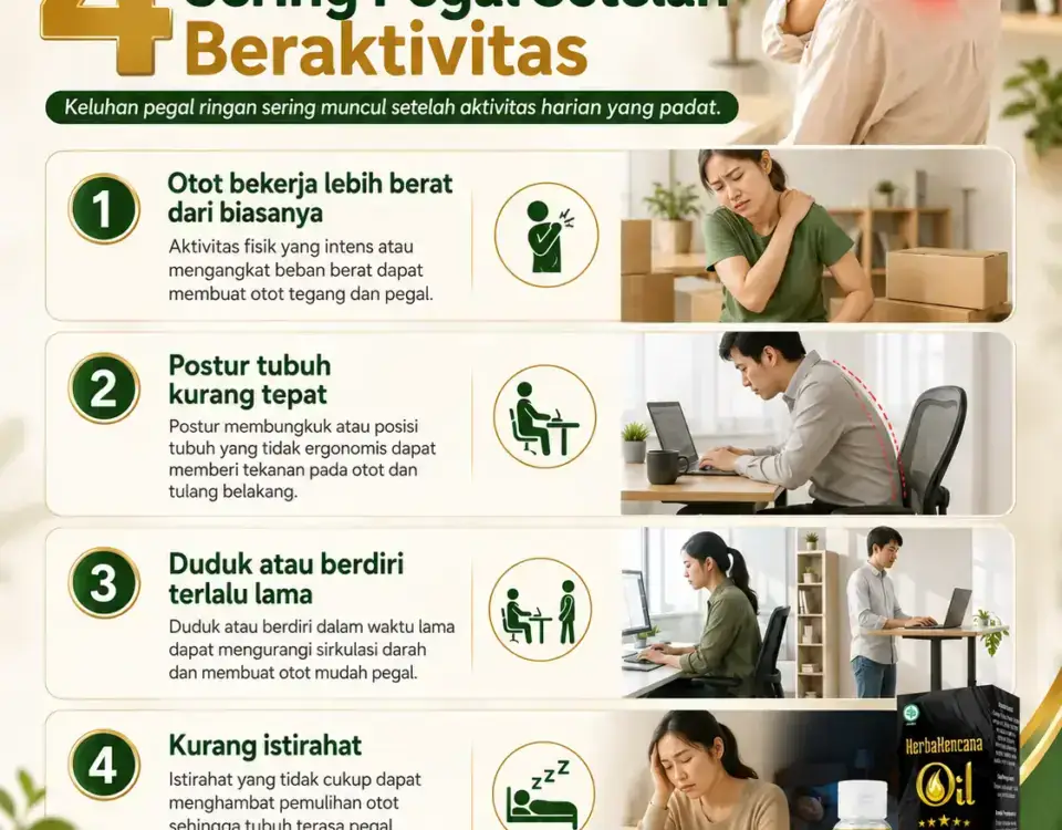 4 penyebab badan sering pegal setelah beraktivitas, yaitu otot bekerja lebih berat, postur kurang tepat, duduk atau berdiri lama, dan kurang istirahat.