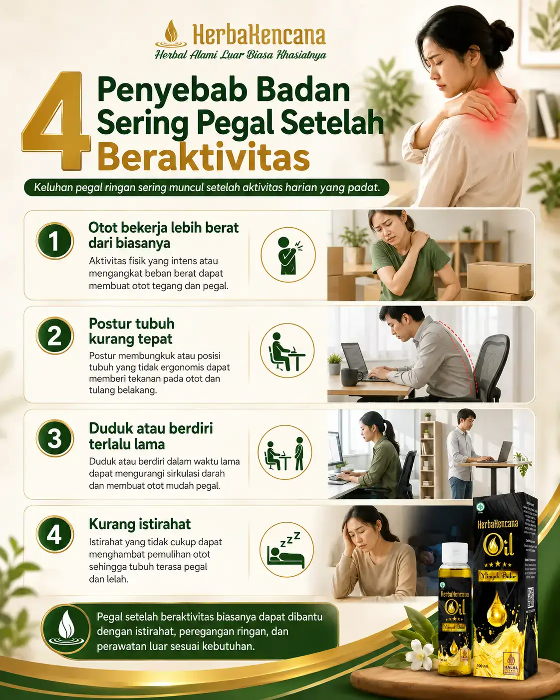 4 penyebab badan sering pegal setelah beraktivitas, yaitu otot bekerja lebih berat, postur kurang tepat, duduk atau berdiri lama, dan kurang istirahat.