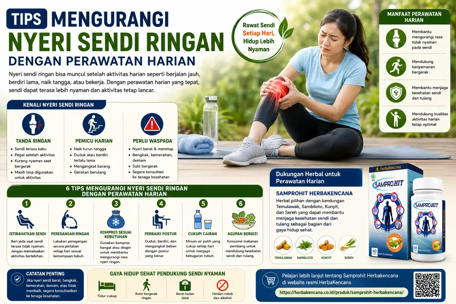 Tips mengurangi nyeri sendi ringan dengan perawatan harian menggunakan kebiasaan sederhana dan dukungan Samprohit Herbakencana
