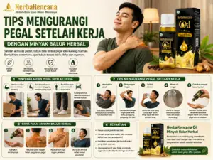 tips mengurangi pegal setelah kerja dengan Minyak Balur HerbaKencana, peregangan ringan, istirahat, minum cukup, dan perawatan luar.