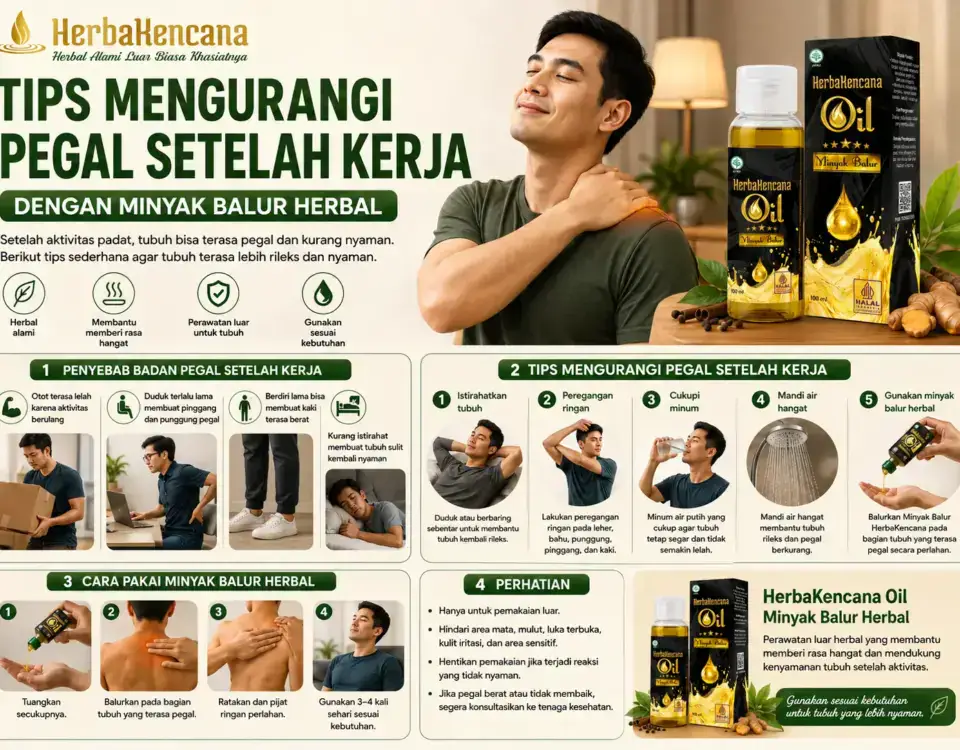 tips mengurangi pegal setelah kerja dengan Minyak Balur HerbaKencana, peregangan ringan, istirahat, minum cukup, dan perawatan luar.