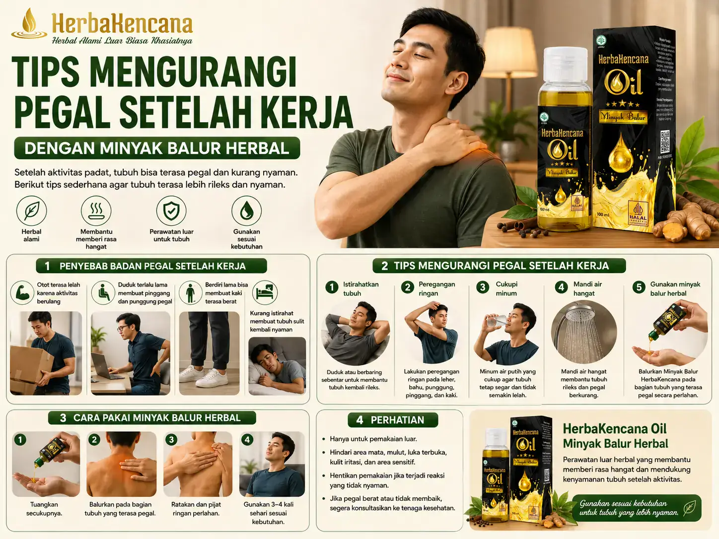 tips mengurangi pegal setelah kerja dengan Minyak Balur HerbaKencana, peregangan ringan, istirahat, minum cukup, dan perawatan luar.