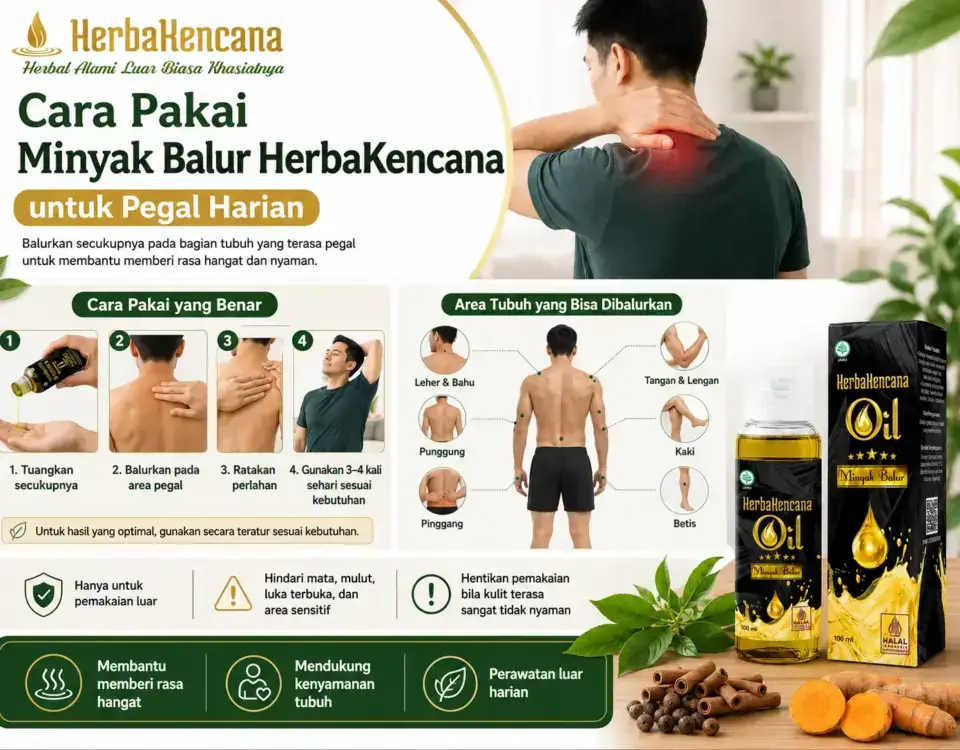 cara pakai minyak balur HerbaKencana untuk pegal harian dengan panduan balur pada area tubuh yang terasa pegal.