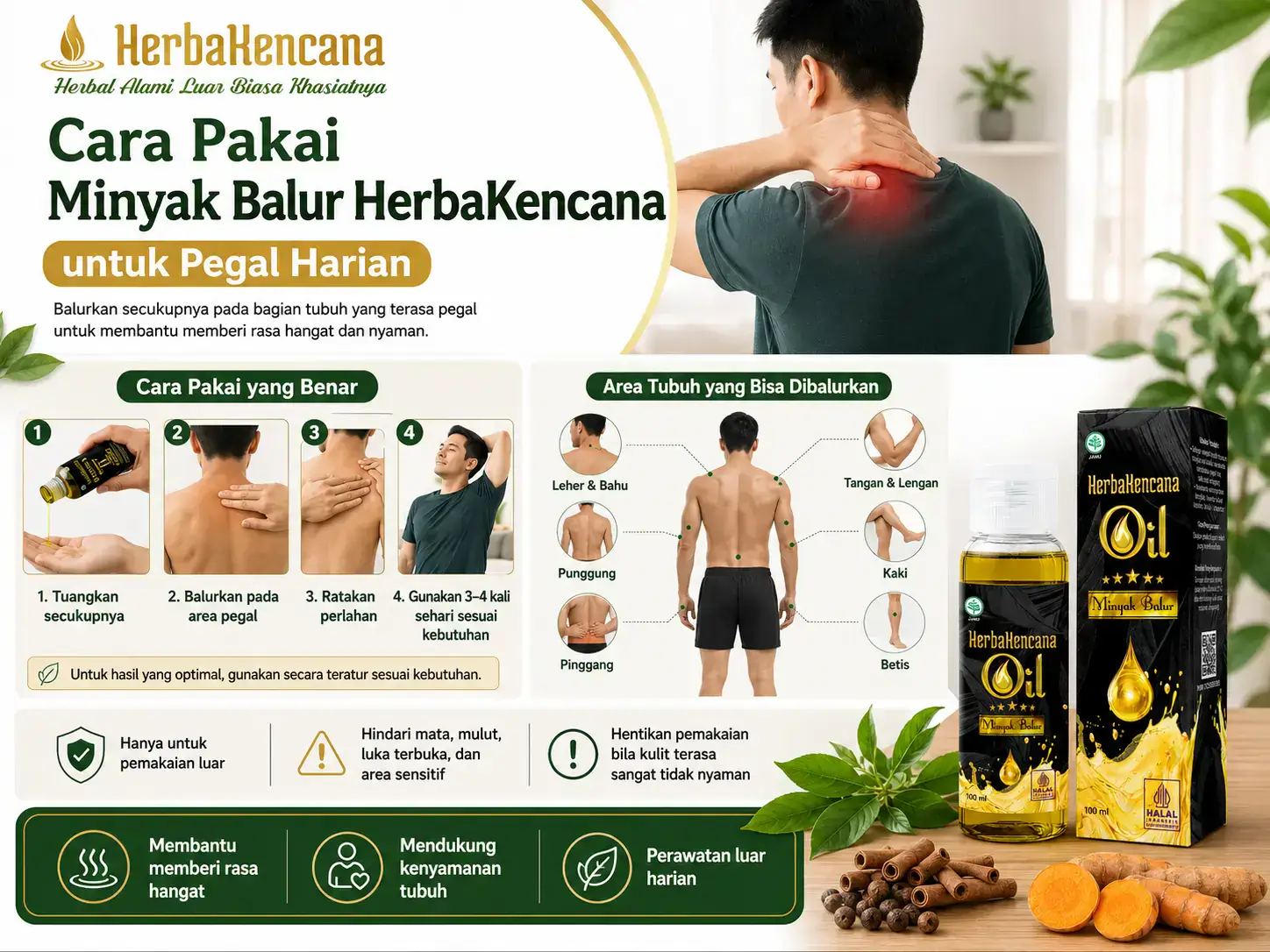 cara pakai minyak balur HerbaKencana untuk pegal harian dengan panduan balur pada area tubuh yang terasa pegal.