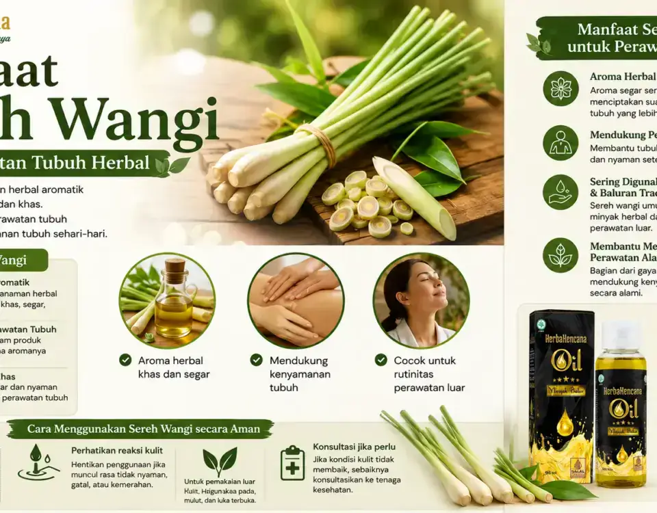manfaat sereh wangi untuk perawatan tubuh herbal dengan Minyak Balur HerbaKencana sebagai produk herbal terkait.