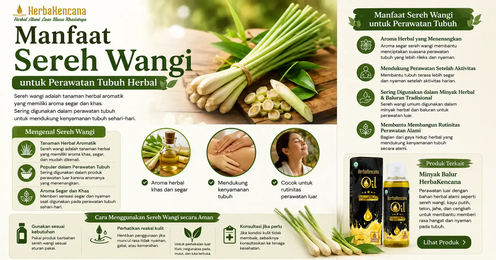 manfaat sereh wangi untuk perawatan tubuh herbal dengan Minyak Balur HerbaKencana sebagai produk herbal terkait.