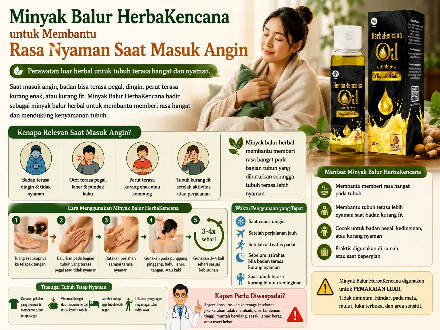 Minyak Balur HerbaKencana untuk membantu rasa nyaman saat masuk angin, badan pegal, tubuh dingin, kurang fit, dan badan terasa tidak nyaman.