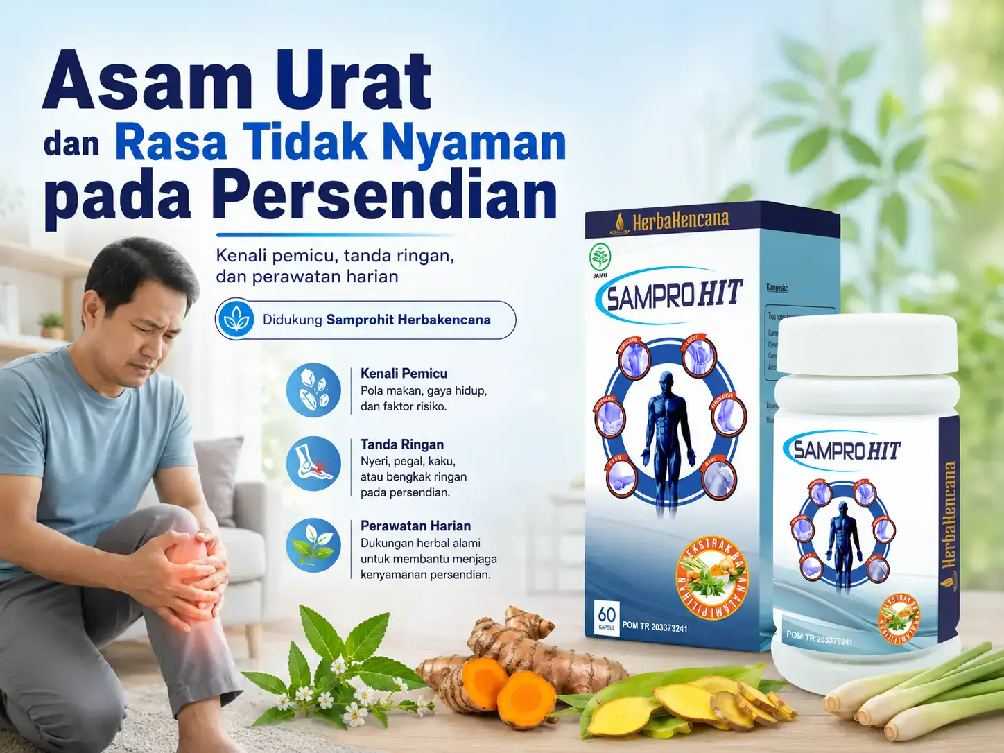 Asam urat dan rasa tidak nyaman pada persendian dengan dukungan Samprohit Herbakencana untuk perawatan harian