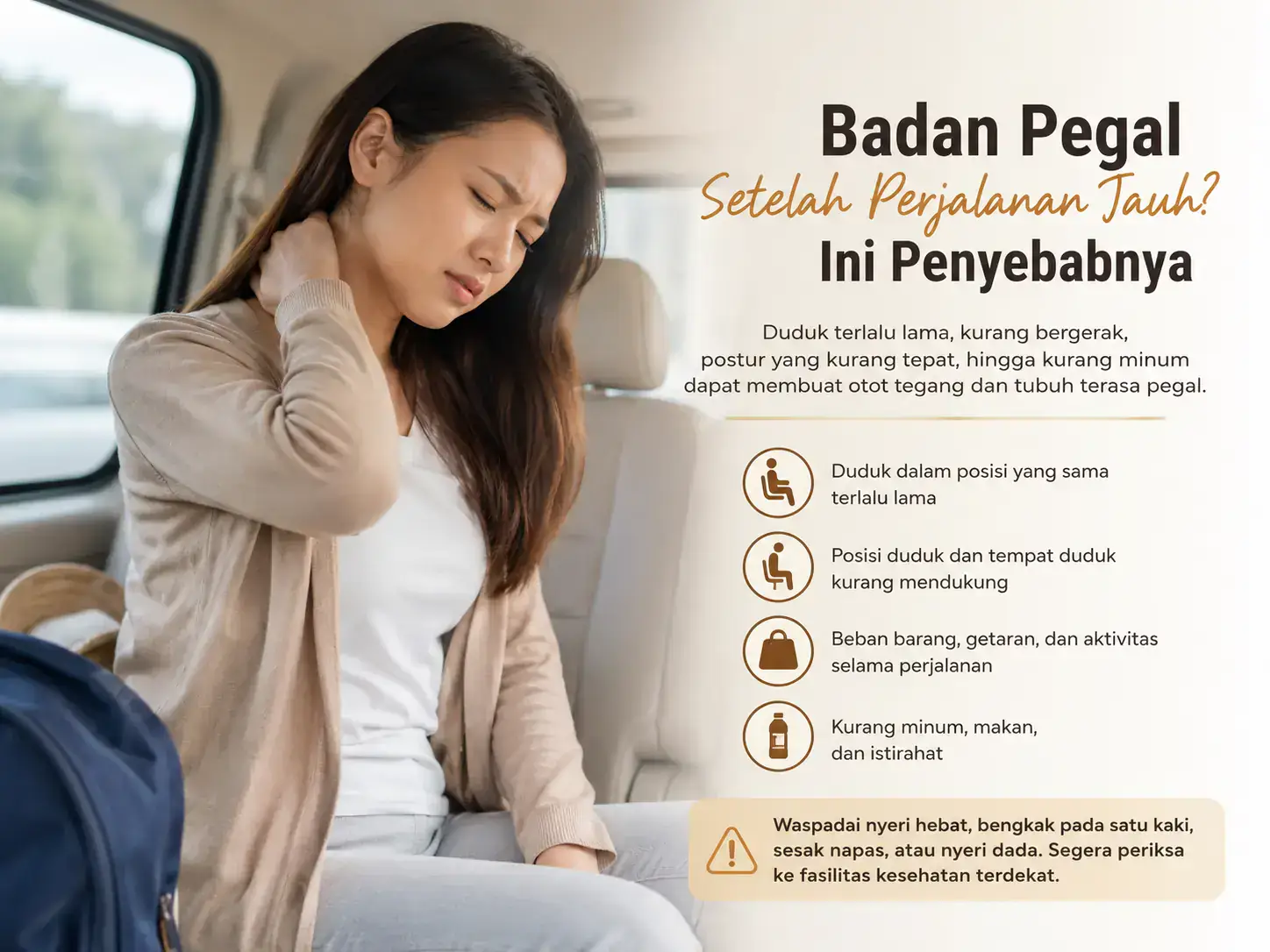 Badan pegal setelah perjalanan jauh akibat duduk terlalu lama dan kurang bergerak