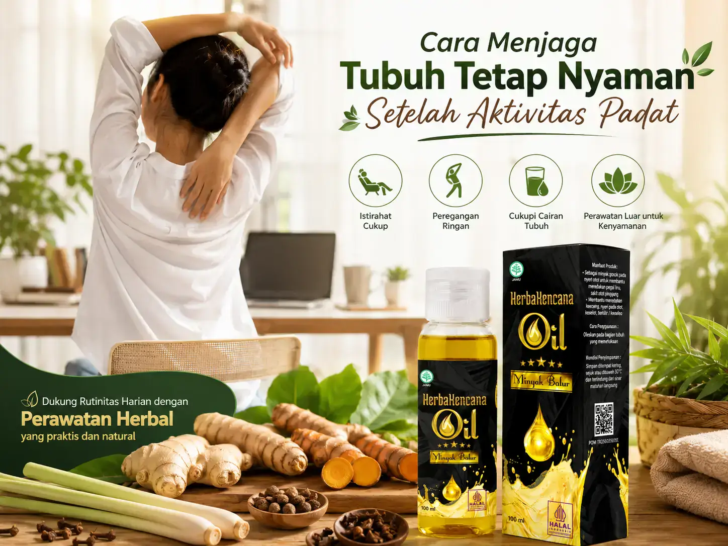 Minyak Balur Herbakencana untuk membantu menjaga tubuh tetap nyaman setelah aktivitas padat
