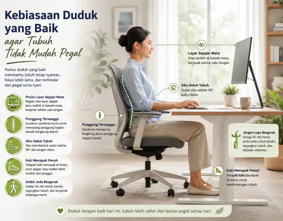 Kebiasaan duduk yang baik agar tubuh tidak mudah pegal saat bekerja di depan komputer