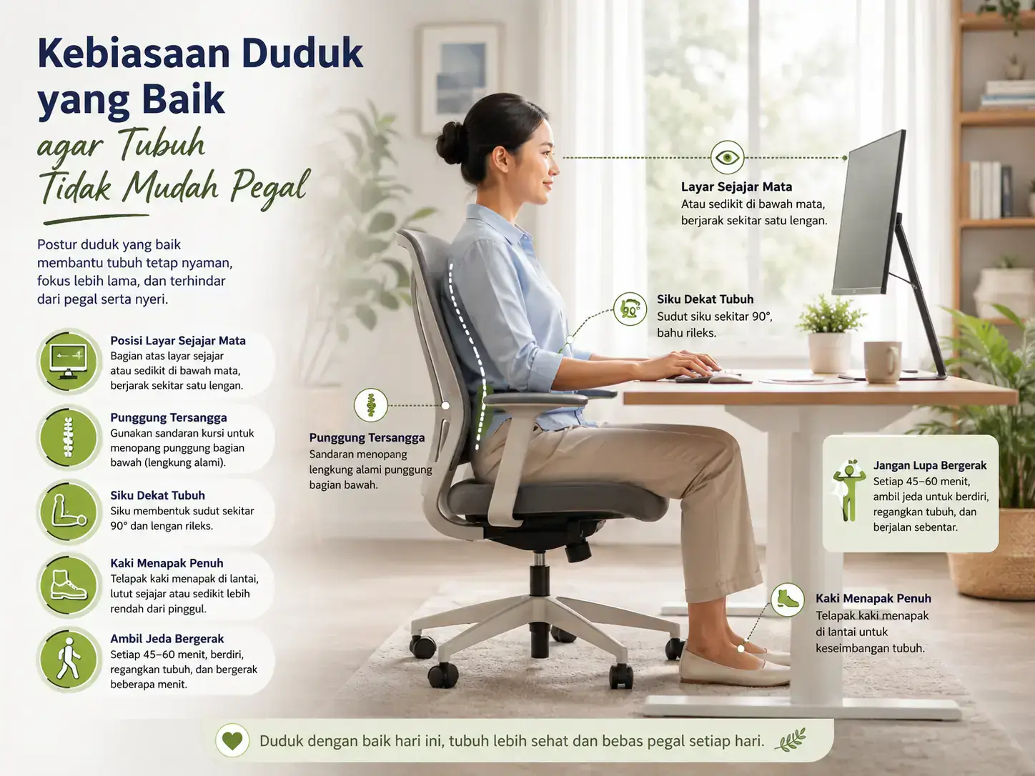 Kebiasaan duduk yang baik agar tubuh tidak mudah pegal saat bekerja di depan komputer
