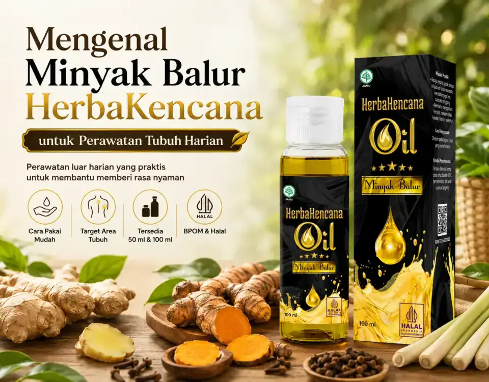Minyak Balur HerbaKencana untuk perawatan tubuh harian dengan BPOM halal dan ukuran 50ml 100ml