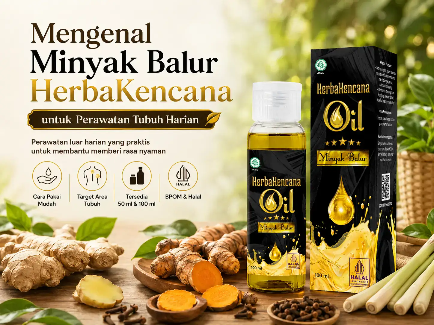Minyak Balur HerbaKencana untuk perawatan tubuh harian dengan BPOM halal dan ukuran 50ml 100ml