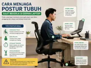 Cara menjaga postur tubuh saat bekerja di depan laptop dengan posisi layar, punggung, tangan, dan kaki yang tepat