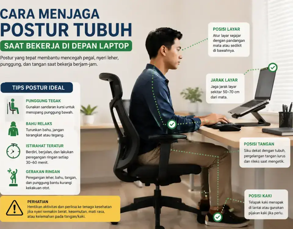 Cara menjaga postur tubuh saat bekerja di depan laptop dengan posisi layar, punggung, tangan, dan kaki yang tepat