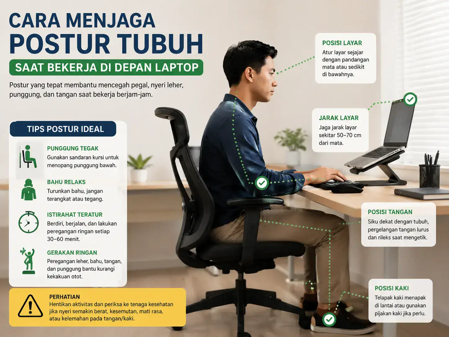 Cara menjaga postur tubuh saat bekerja di depan laptop dengan posisi layar, punggung, tangan, dan kaki yang tepat