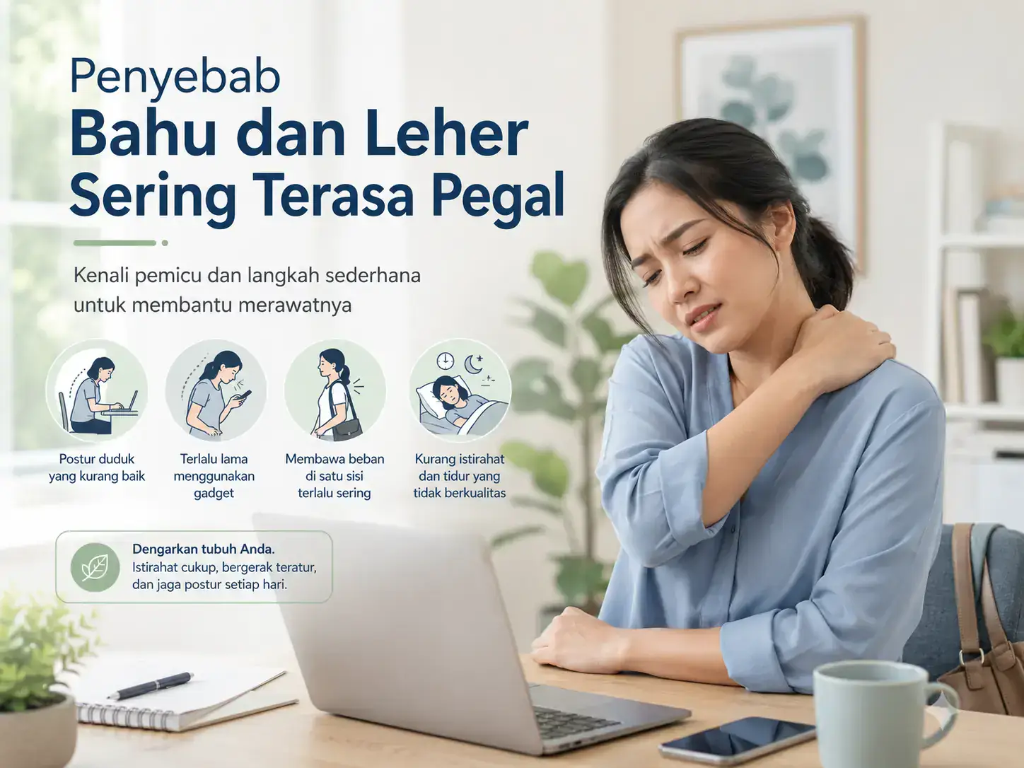 Penyebab bahu dan leher sering terasa pegal akibat postur, penggunaan gawai, membawa beban, dan kurang istirahat