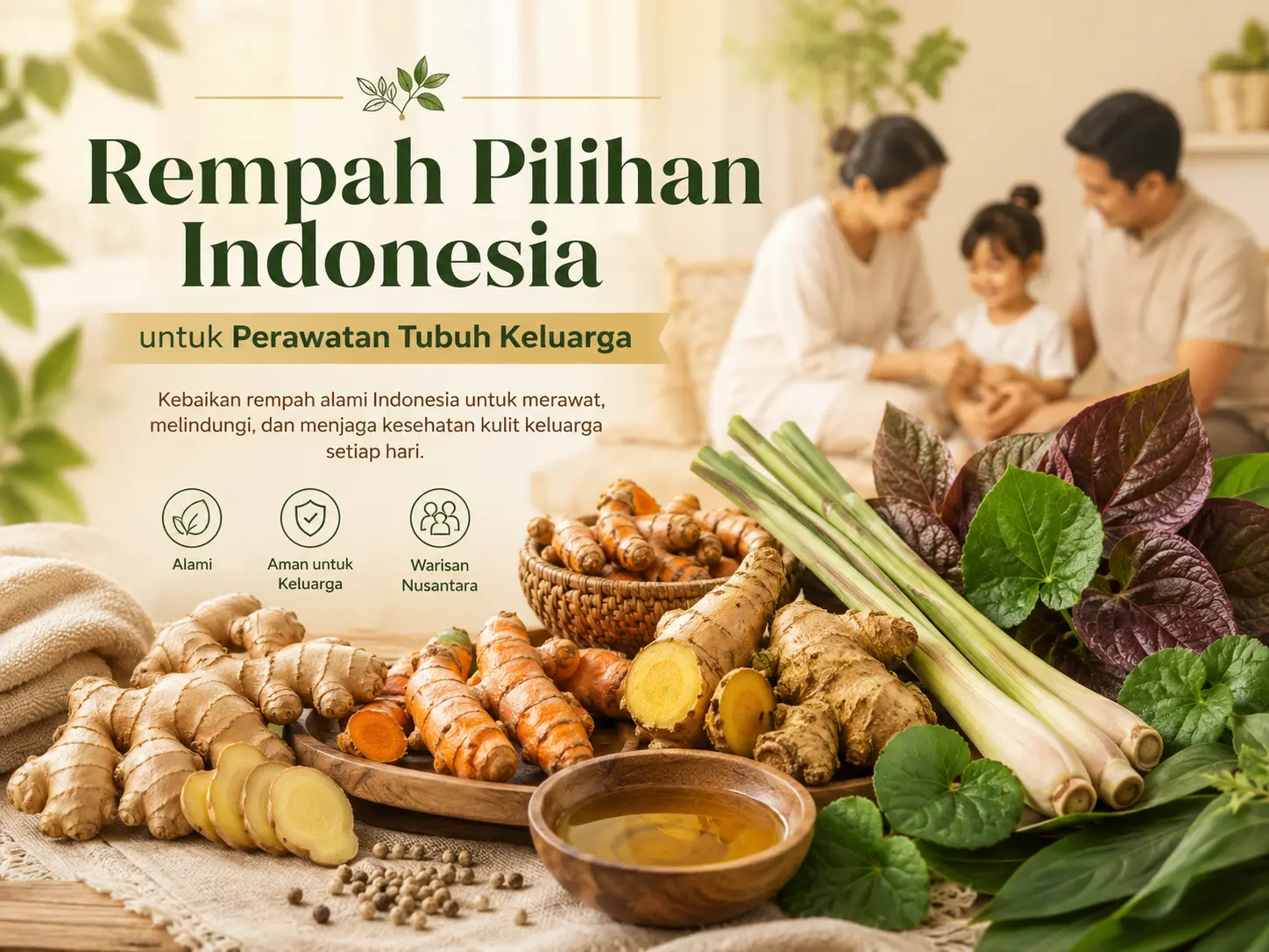 Rempah pilihan Indonesia untuk perawatan tubuh keluarga seperti jahe, kunyit, temulawak, sereh wangi, dan sirih merah