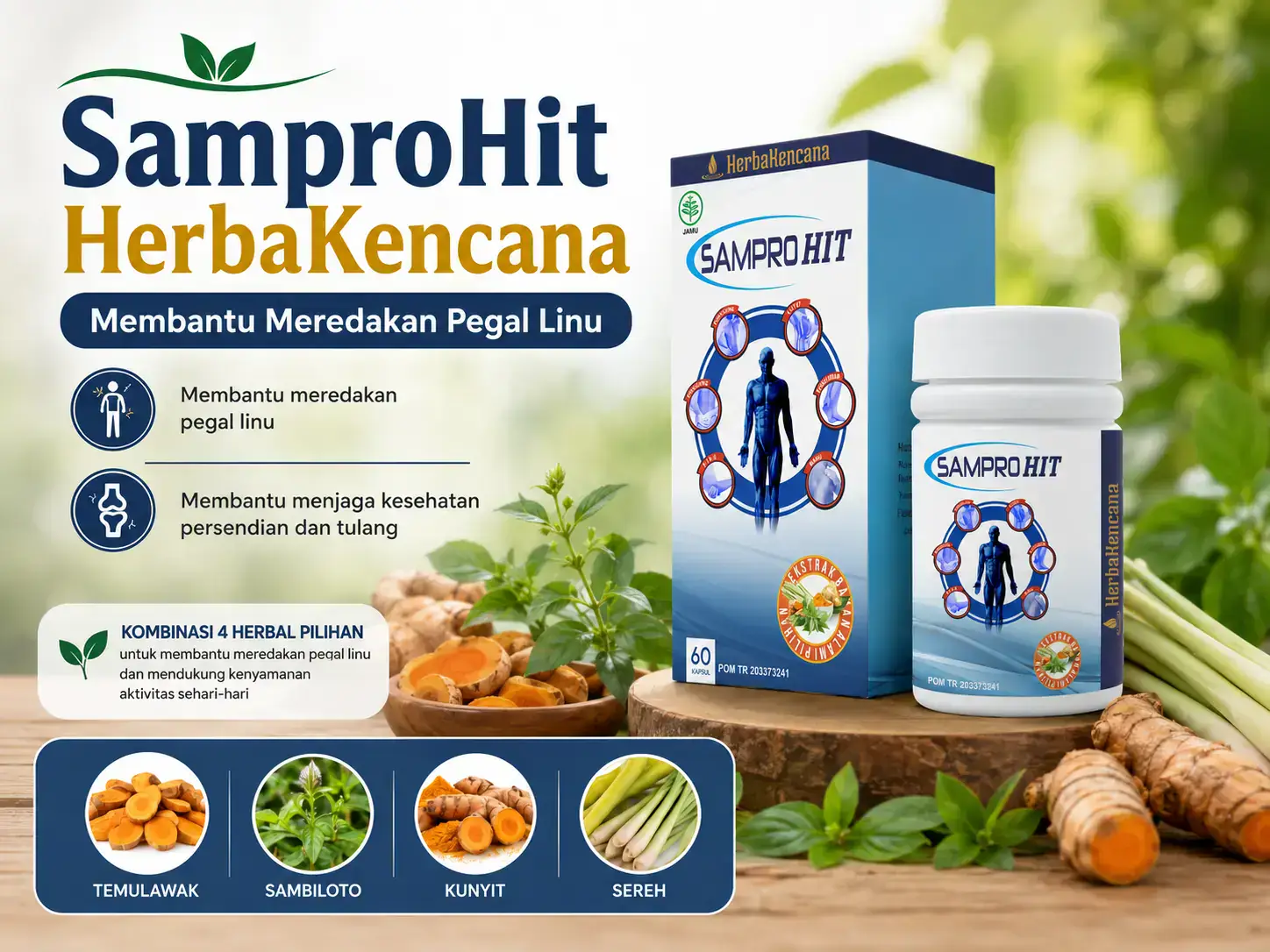 Samprohit Herbakencana untuk membantu meredakan pegal linu dengan kombinasi temulawak, sambiloto, kunyit, dan sereh