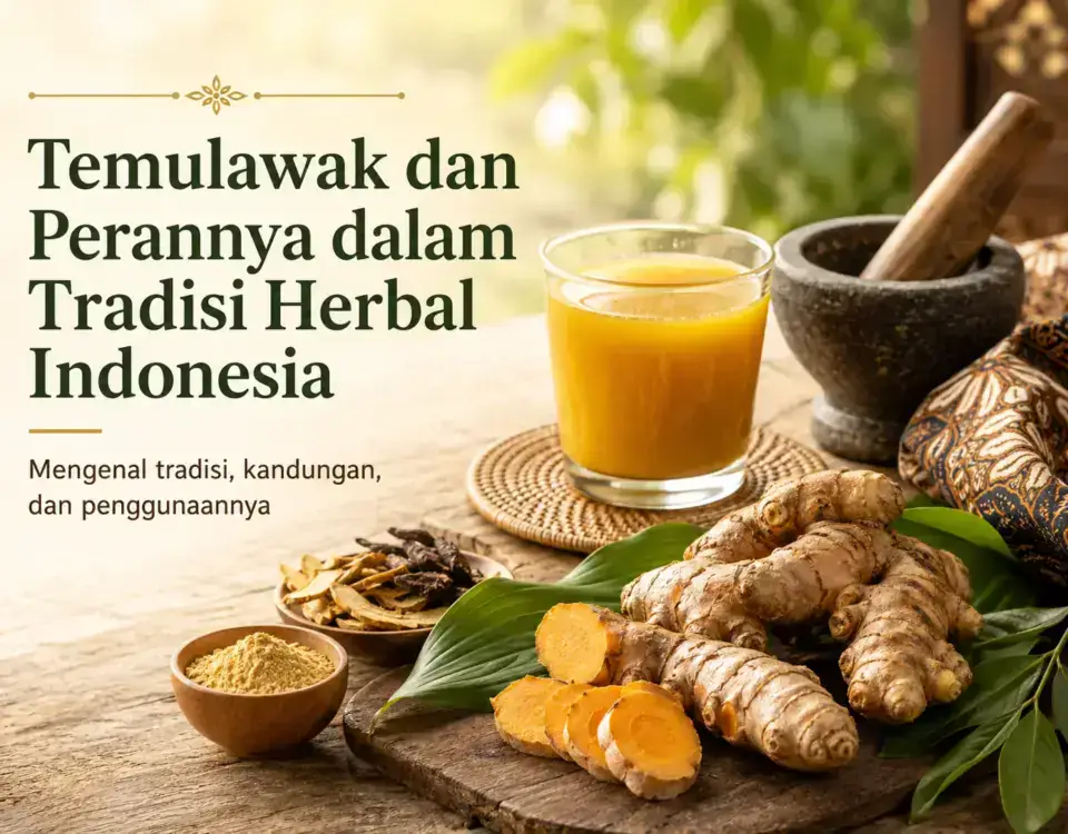 Rimpang temulawak, minuman herbal, dan alat racik tradisional Indonesia