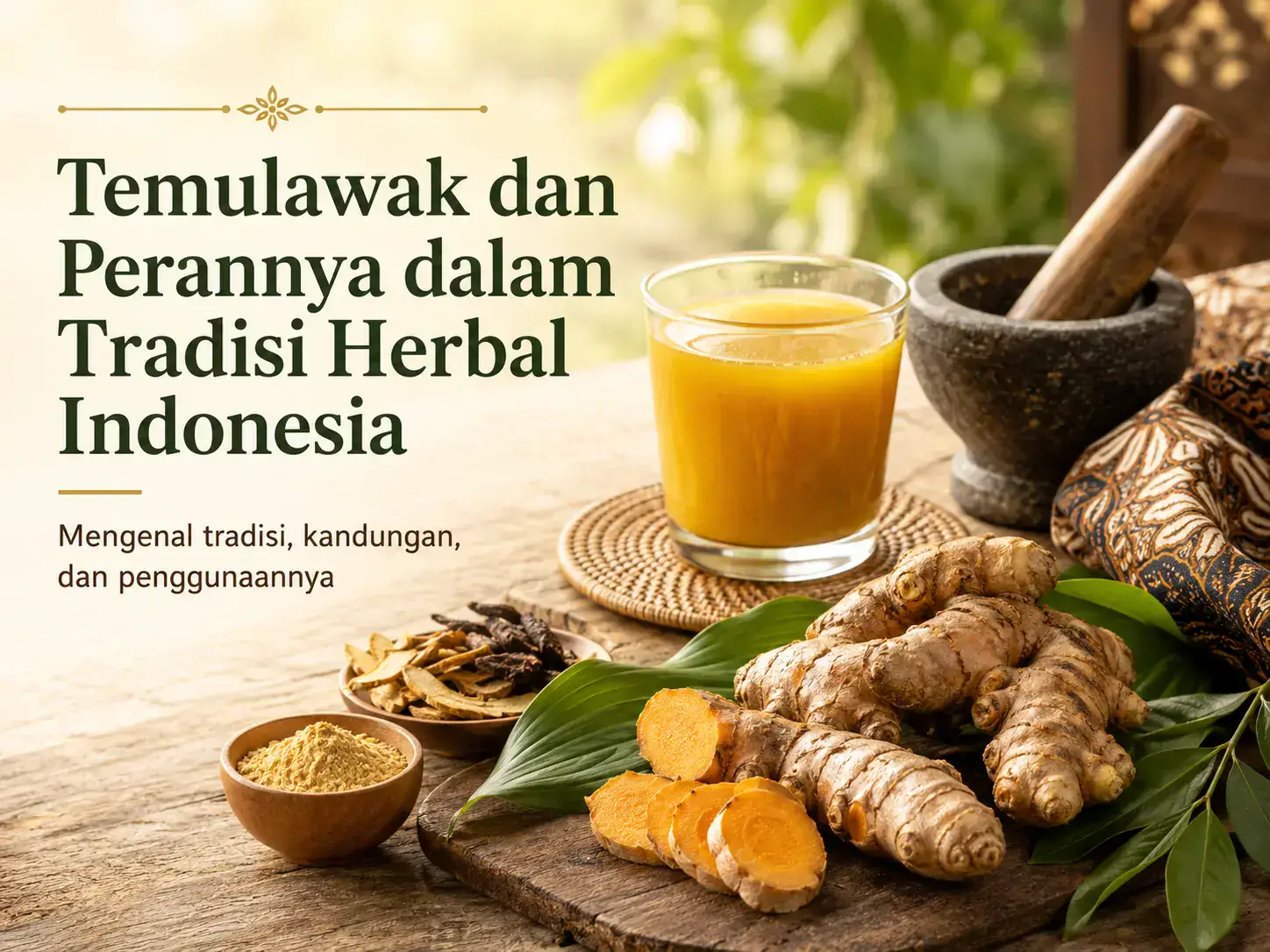 Rimpang temulawak, minuman herbal, dan alat racik tradisional Indonesia