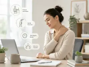 Tips mengurangi pegal di leher dan bahu dengan memperbaiki postur, melakukan peregangan ringan, dan mengambil jeda bergerak