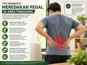 Tips membantu meredakan pegal di area pinggang dengan berjalan ringan, memperbaiki posisi duduk, kompres, dan istirahat