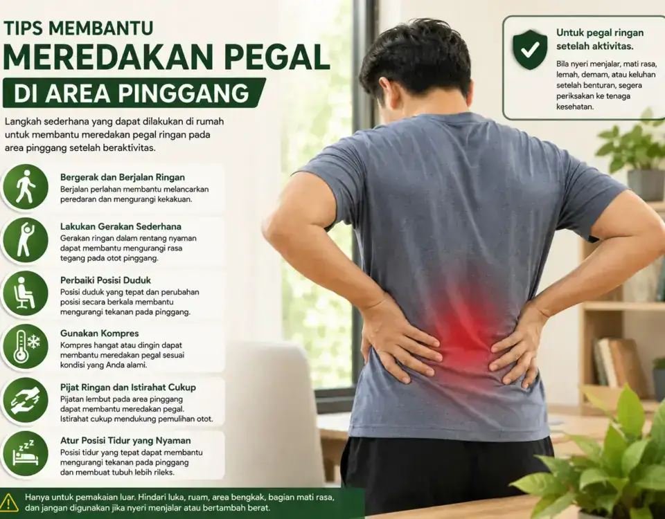 Tips membantu meredakan pegal di area pinggang dengan berjalan ringan, memperbaiki posisi duduk, kompres, dan istirahat
