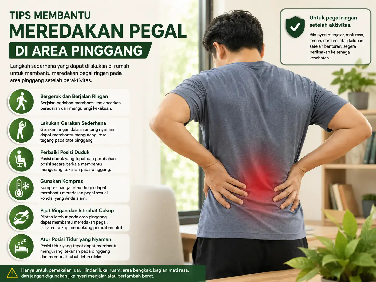 Tips membantu meredakan pegal di area pinggang dengan berjalan ringan, memperbaiki posisi duduk, kompres, dan istirahat